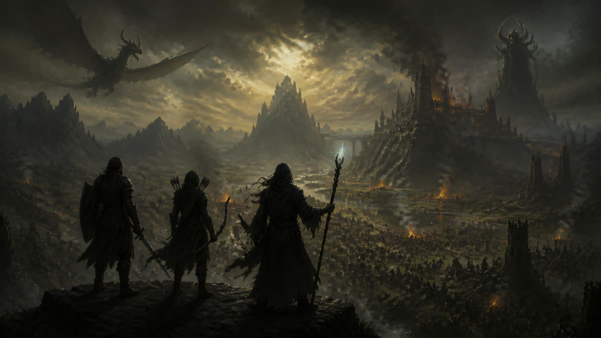 Warrior, archer and mage silhouettes overlooking a mythic battlefield