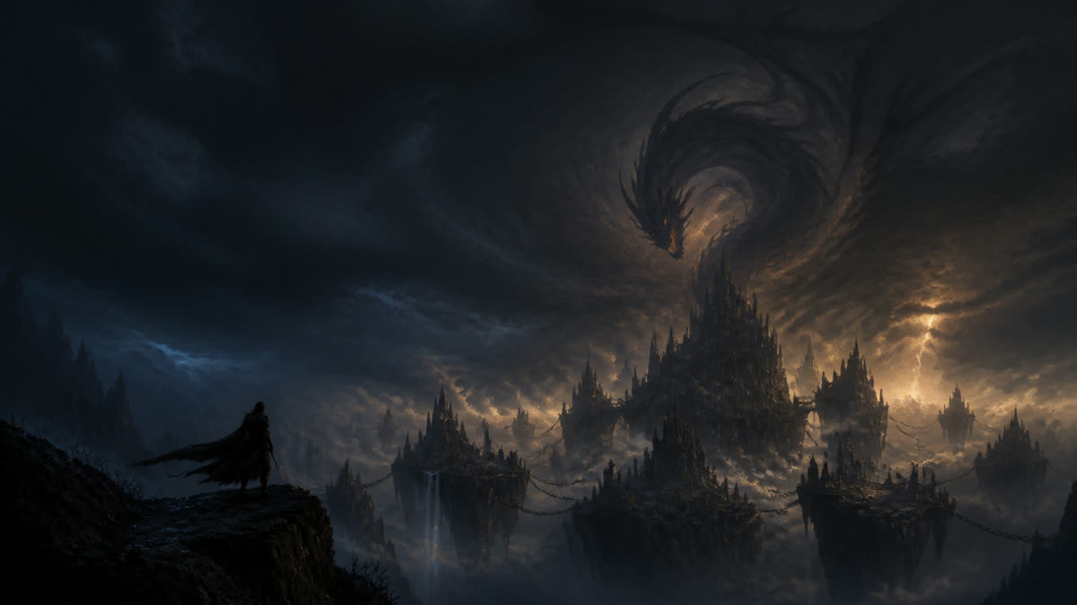 A golden knot of woven light above a shattered dark-fantasy landscape