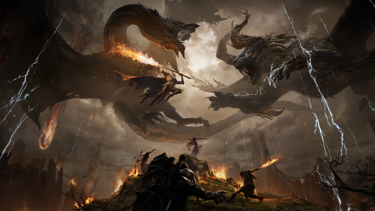 Official Nodusfall key art: Weavers battling a dragon and a winged beast at Gamescom 2026 reveal